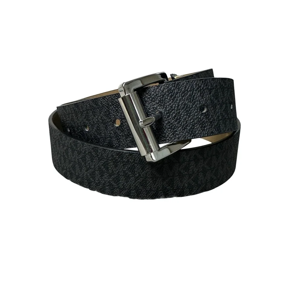Michael Kors Mens Signature Logo Print Belt Black Grey Silver Buckle 553559 M